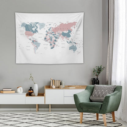 Map of The World in Pink And Blue Tapestry