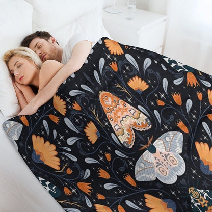 Floral Moths  Black Throw Blanket