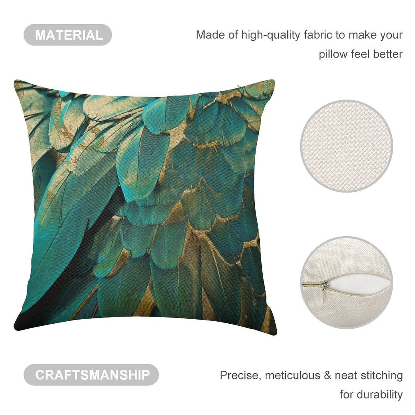 Feather Glitter Teal And Gold Linen Throw Pillow Cover