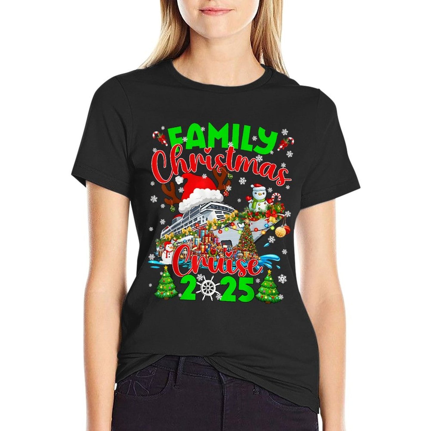 Family Cruise 2025 Reunion Matching Christmas Xmas Men Women  Ribbed Collar T-Shirt