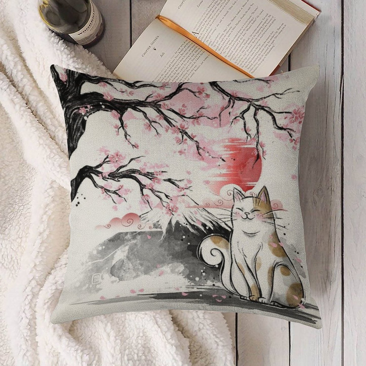Sakura Cat Linen Throw Pillow Cover