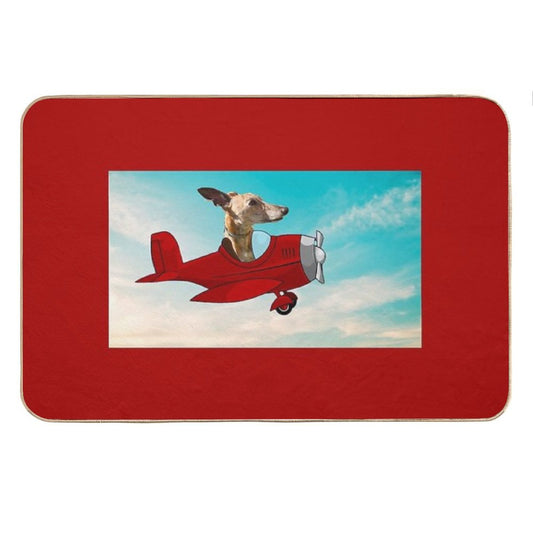 Red Background Flying Whippet Bath Mat