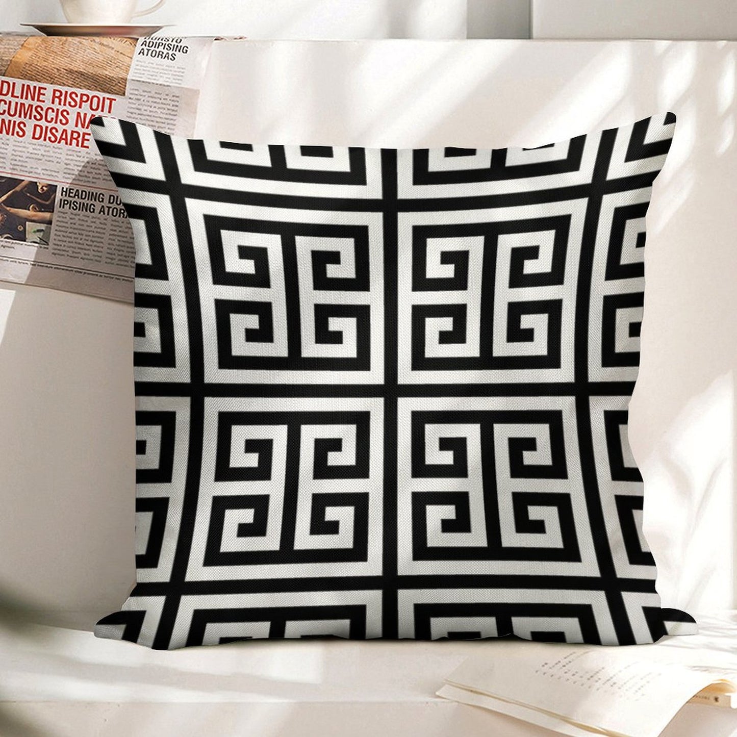 Greek Key Black And White Pattern Linen Throw Pillow Cover