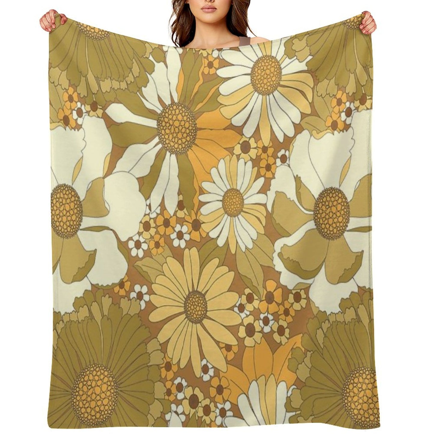 Brown, Orange, Ivory & Green Vintage Flower Pattern Throw Blanket