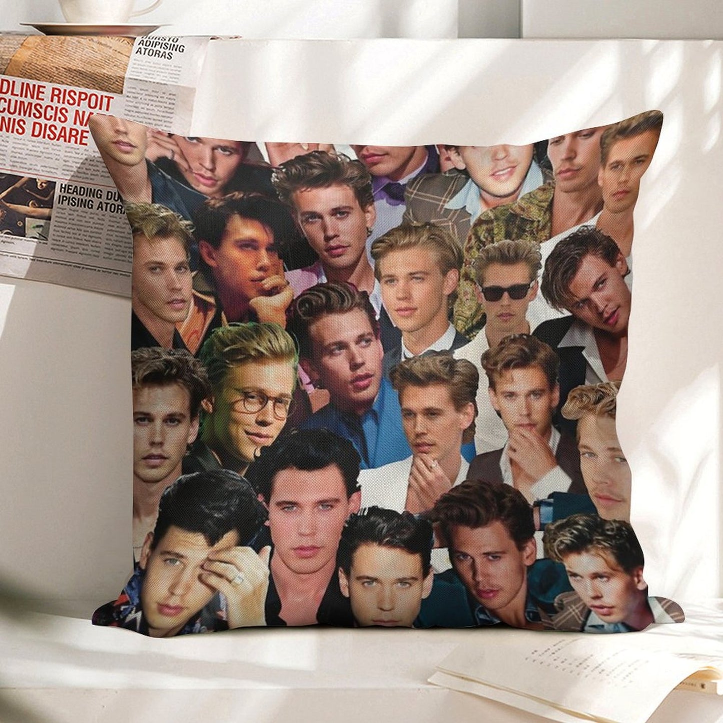 Austin Butler Photo Collage Linen Throw Pillow Cover