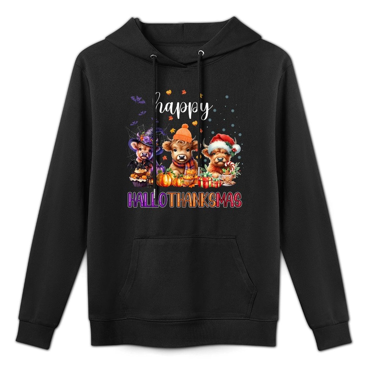 Happy Hallothanksmas Highland Cow Halloween Merry Christmas Layering Staple Hoodie