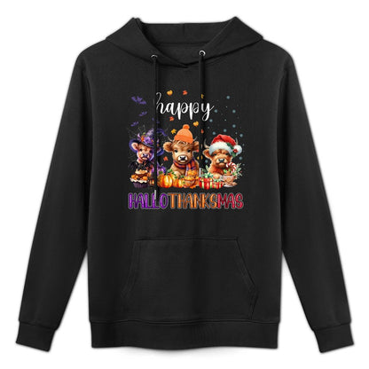 Happy Hallothanksmas Highland Cow Halloween Merry Christmas Layering Staple Hoodie