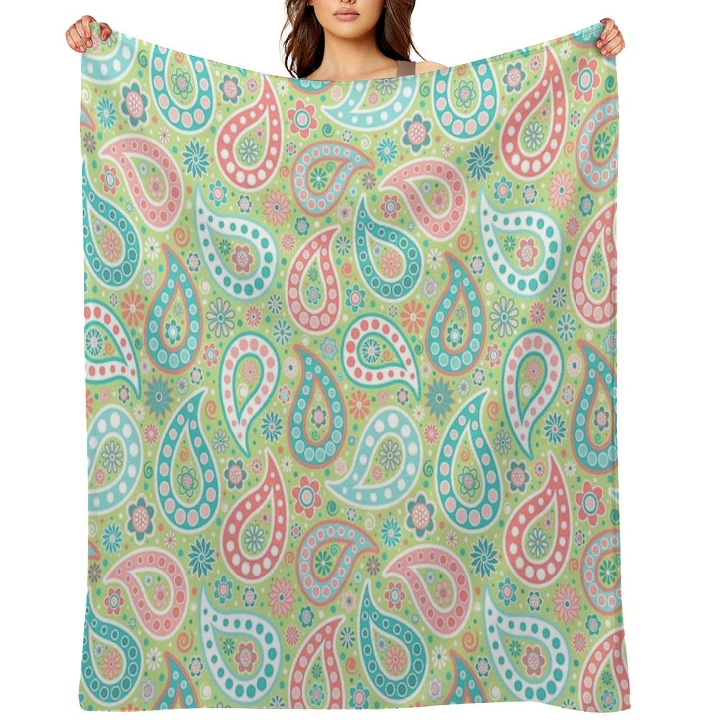Paisley in Green, Turquoise Blue, Coral Pink And White Throw Blanket