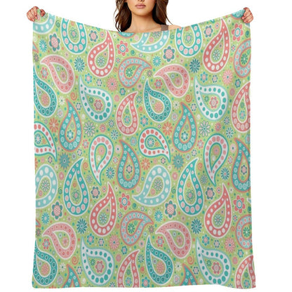 Paisley in Green, Turquoise Blue, Coral Pink And White Throw Blanket