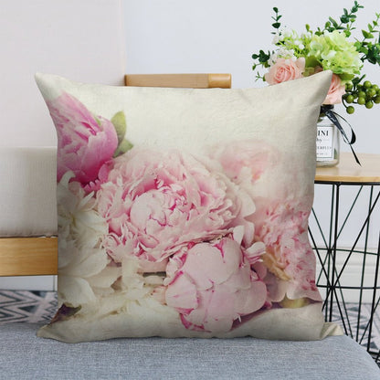 Peonies on White Linen Throw Pillow Cover
