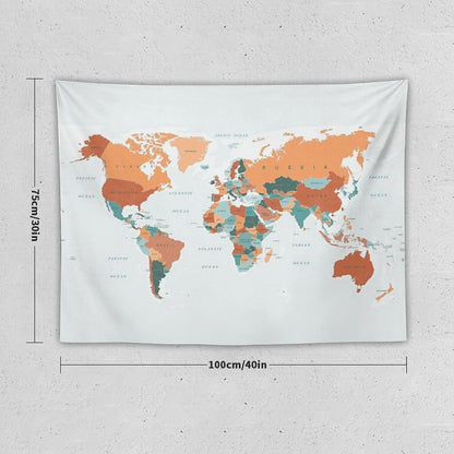 Map of The World in Burnt Orange And Teal Tapestry