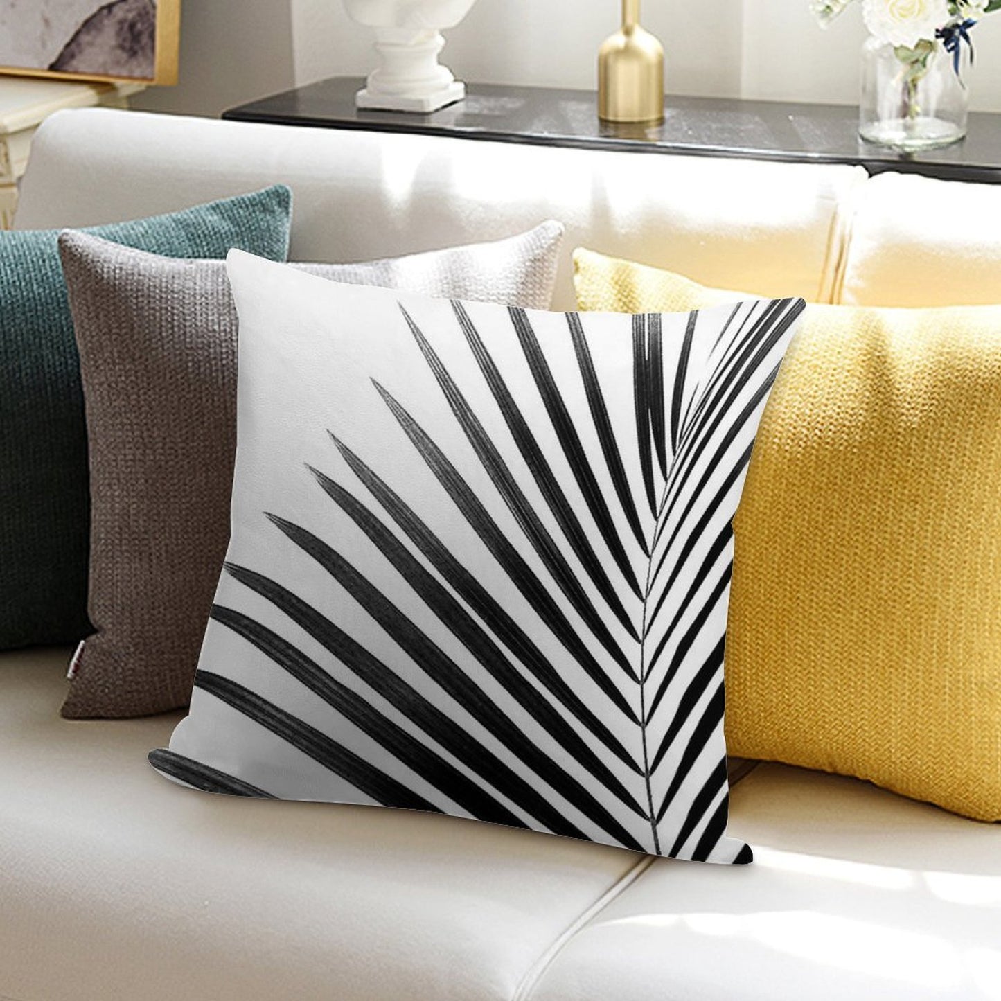 PALM LEAF Black & White Soft Home Decor Throw Pillow