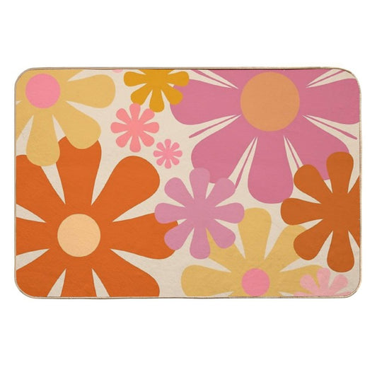 Retro 60s 70s Flowers - Vintage Style Floral Pattern in Thulian Pink, Orange, Mustard, And Cream  Long-Lasting Bath Mat