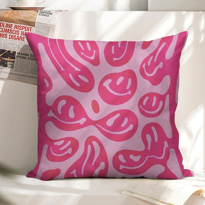 Hot Pink Melted Smiley Face Psychedelic Pattern Linen Throw Pillow Cover