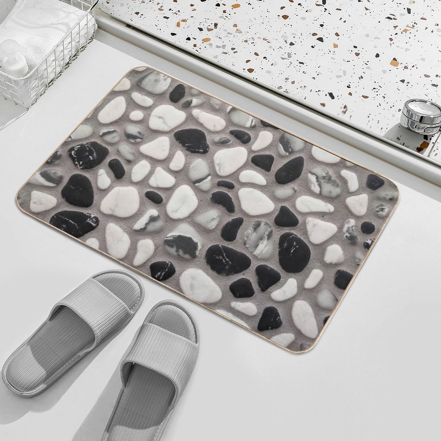 Beach Stone Pattern with Black And White Marble Pebbles And Grey Wet Sand Bath Mat