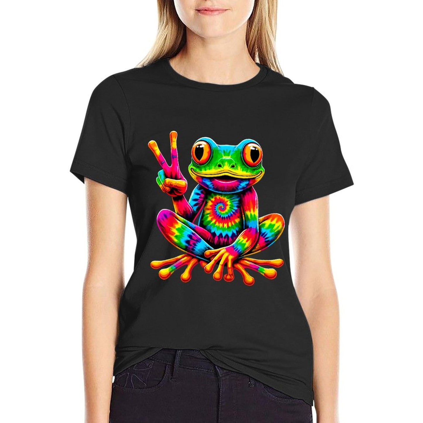 Tie-Dye Frog Peace Sign Hippie  Slim-fit Cut T-Shirt
