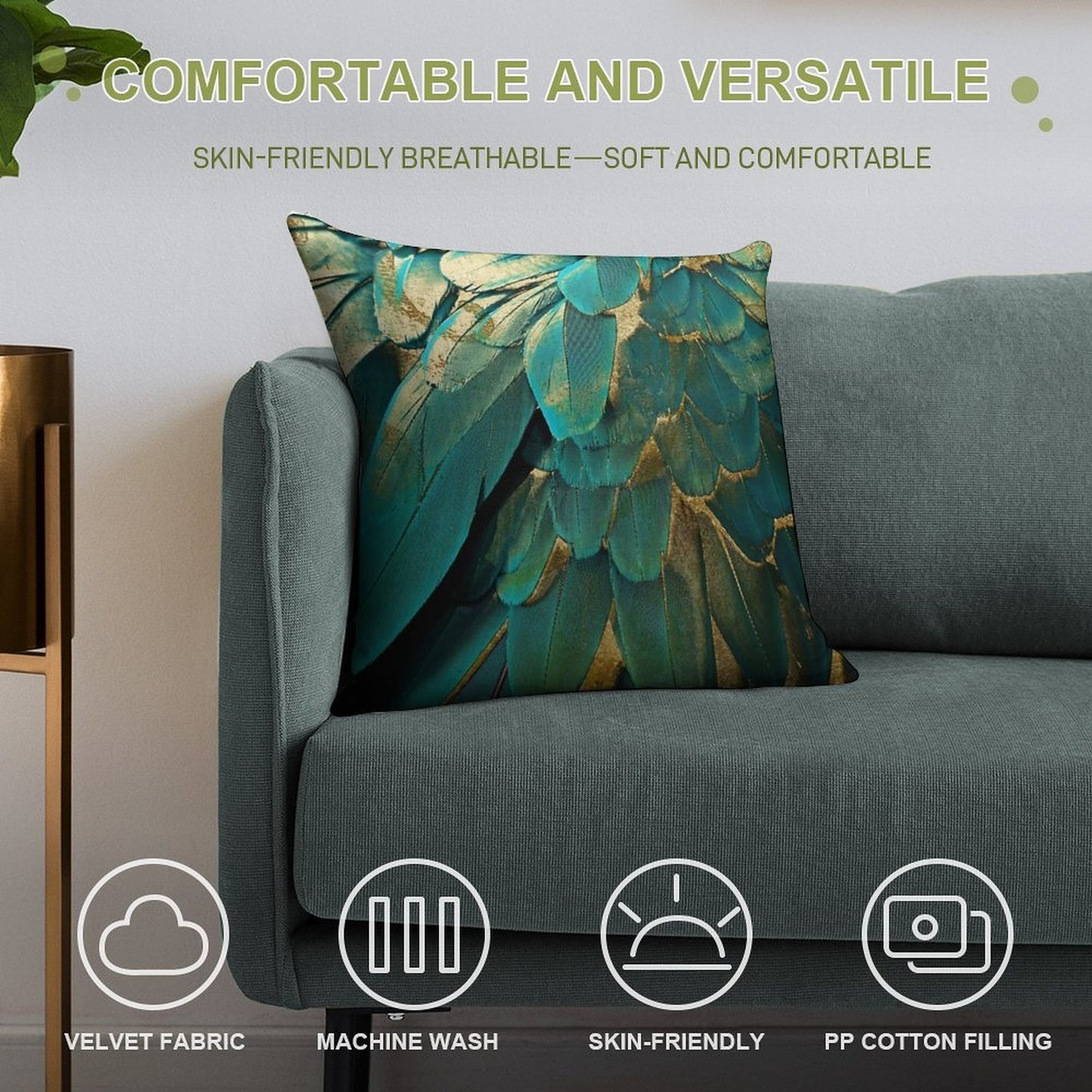 Feather Glitter Teal And Gold Soft Home Decor Throw Pillow