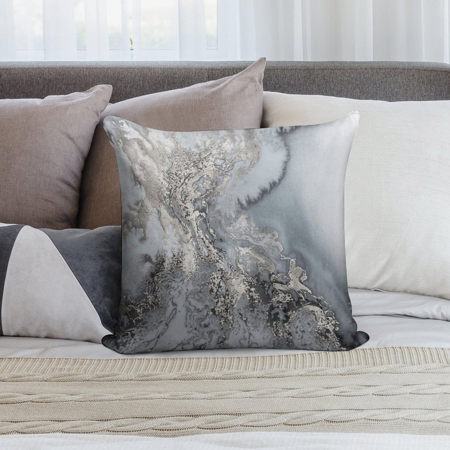 Gray Silver Snow Marble Print Soft Short Plush Fabric Throw Pillow