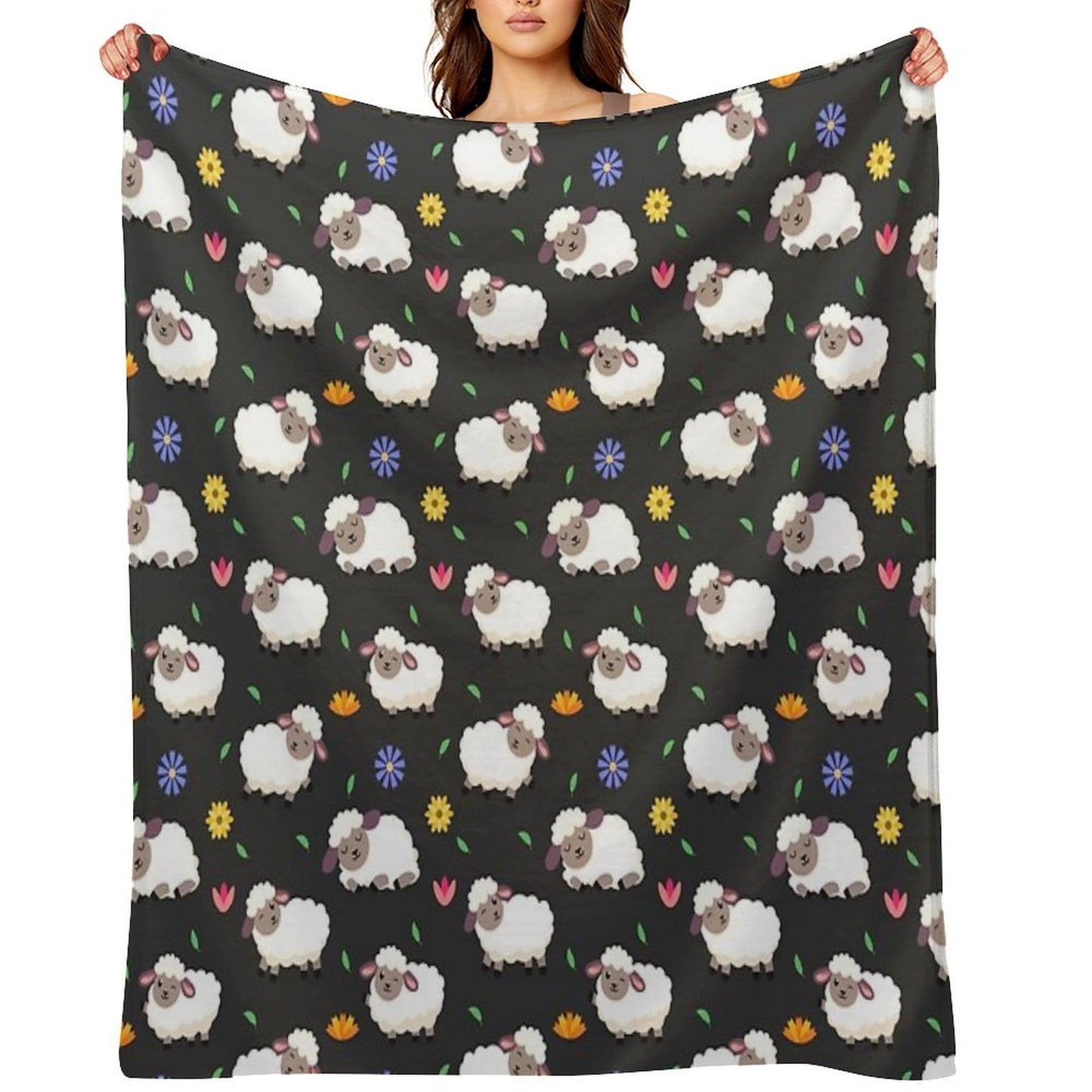 Sheeps And Flowers in Cartoon Style Throw Blanket