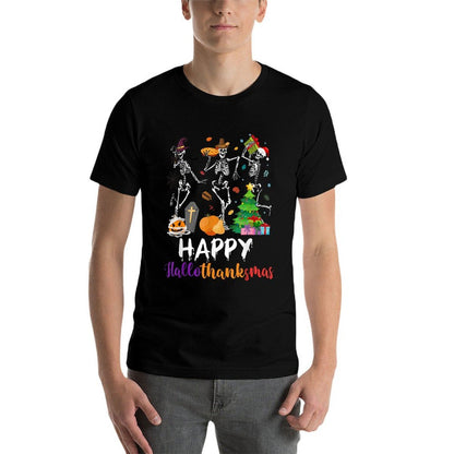 Happy Hallothanksmas Skeleton Pumpkin Turkey Santa Dancing  Summer-ready Fabric T-Shirt