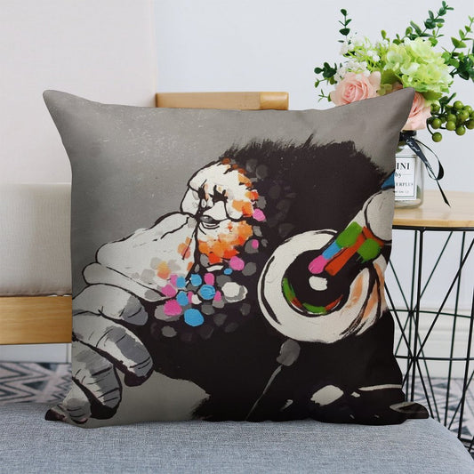 Banksy DJ Monkey Thinker with Headphones Linen Throw Pillow Cover