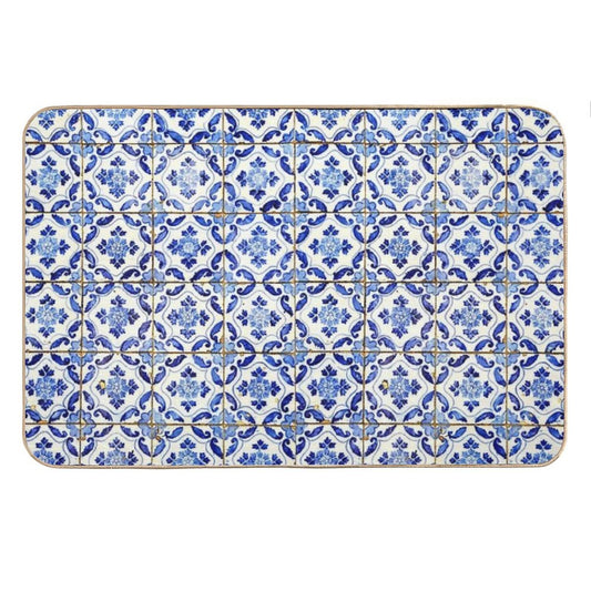 Portuguese Tiles. Blue Flowers And Leaves Bath Mat