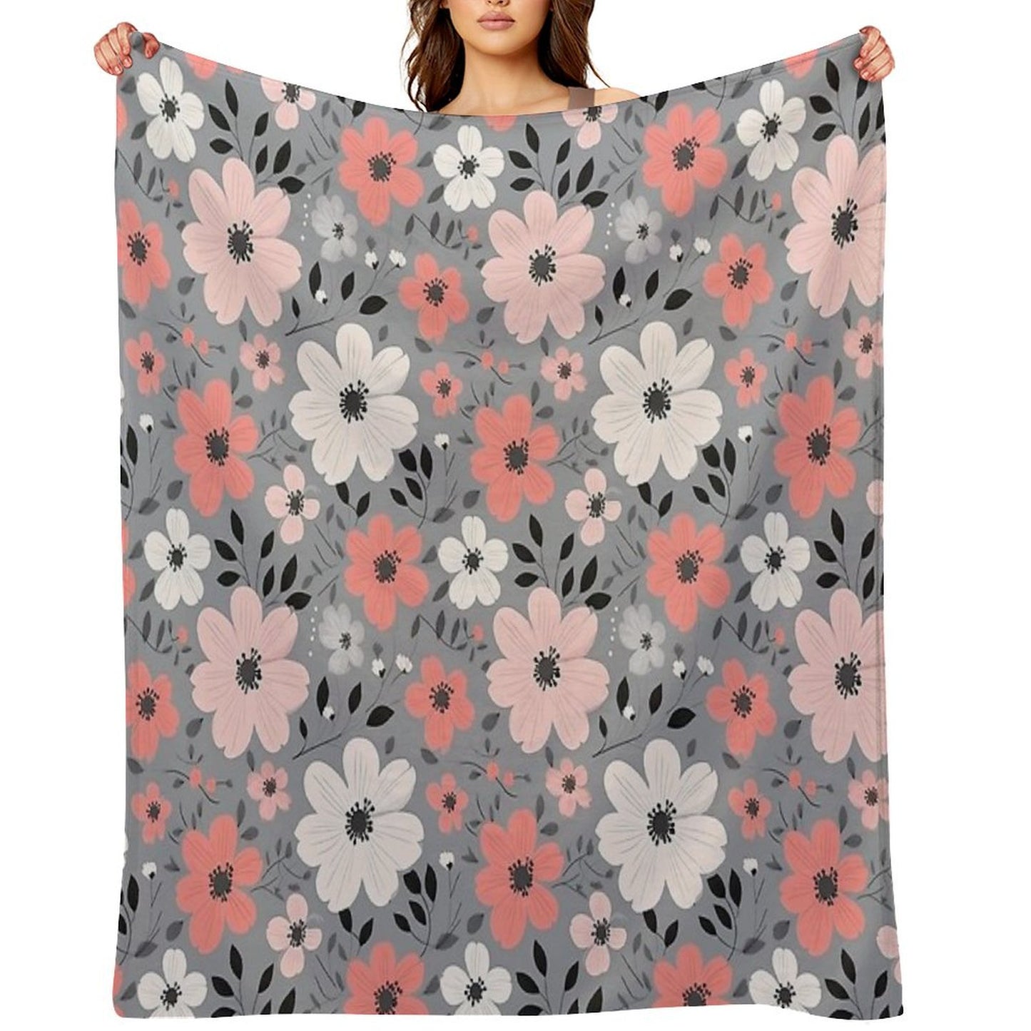 Pink Salmon White Grey Flowers Grey Background Pattern Throw Blanket