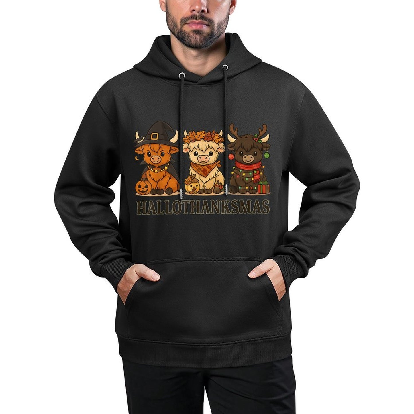 Hallothanksmas Highland Cow Trio Halloween Thanksgiving Relaxed Fit Hoodie