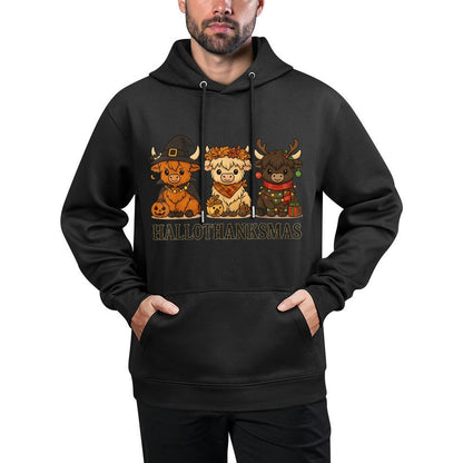 Hallothanksmas Highland Cow Trio Halloween Thanksgiving Relaxed Fit Hoodie