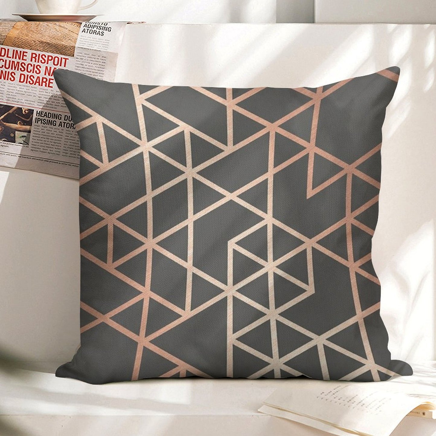Rose Gold And Gray Geometric Pattern Linen Throw Pillow Cover