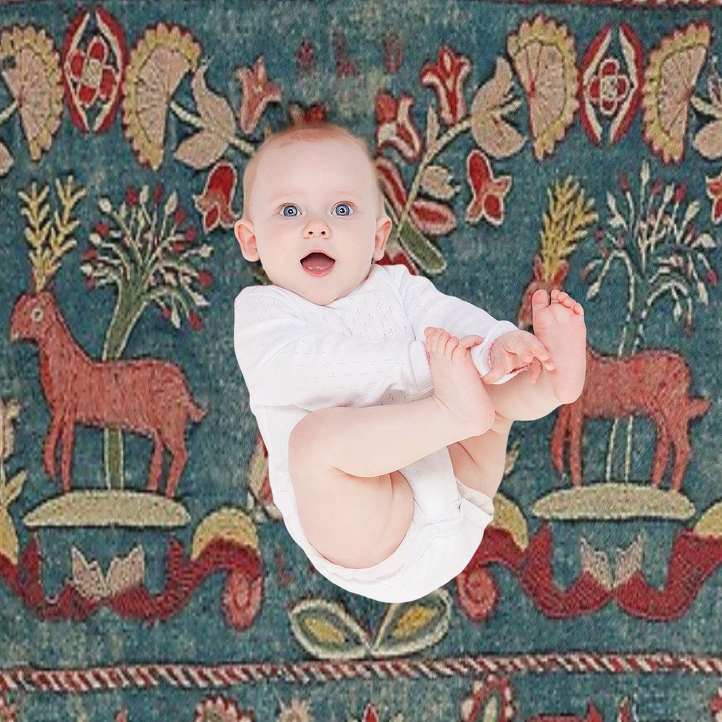 ANTIQUE  RED BLUE SWEDISH TAPESTRY WITH DEERS AND FLOWERS Throw Blanket