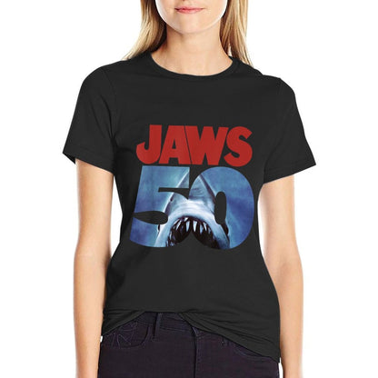 Jaws 50th Anniversary Logo Front & Back  Tagless Design T-Shirt