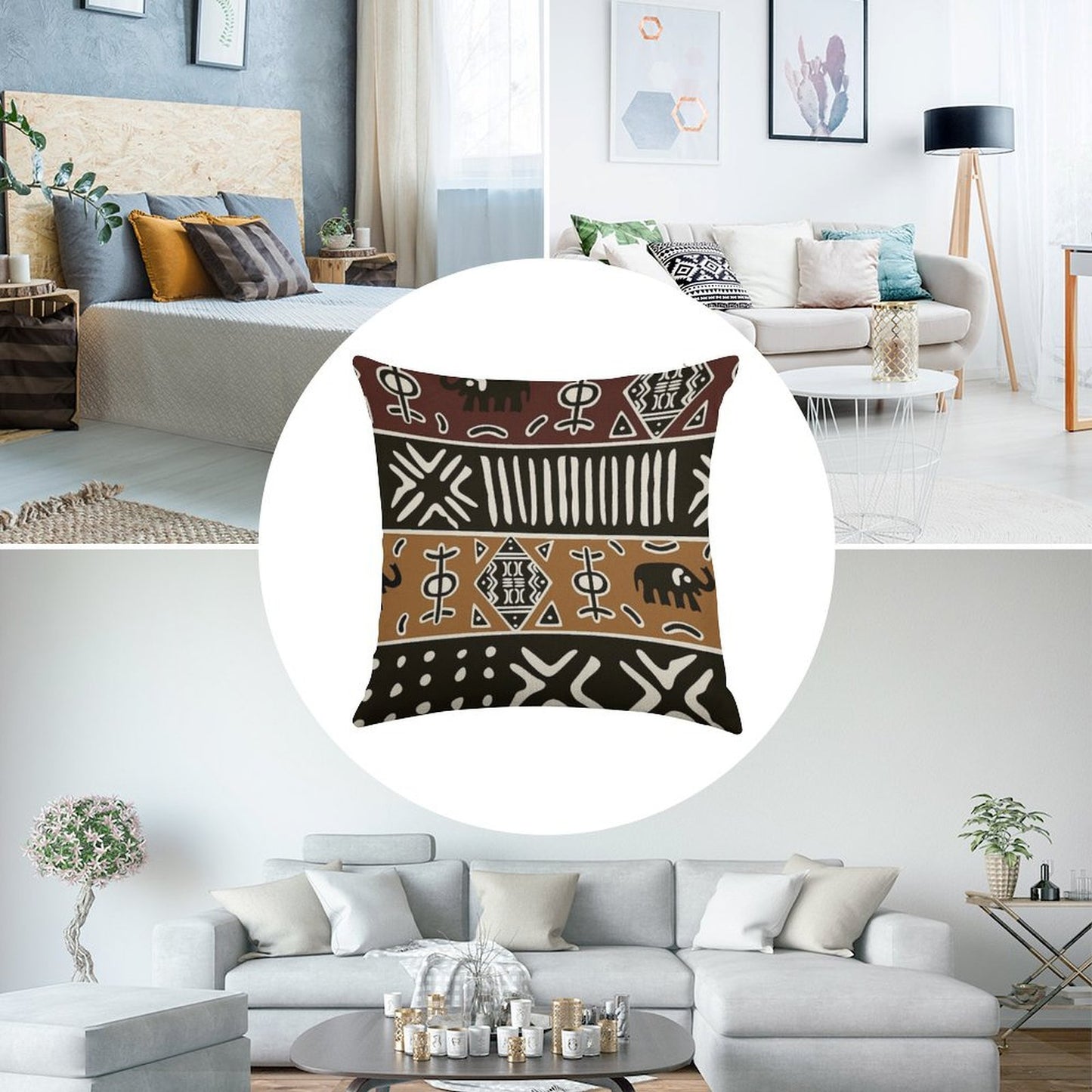 African Mud Cloth with Elephants Linen Throw Pillow Cover