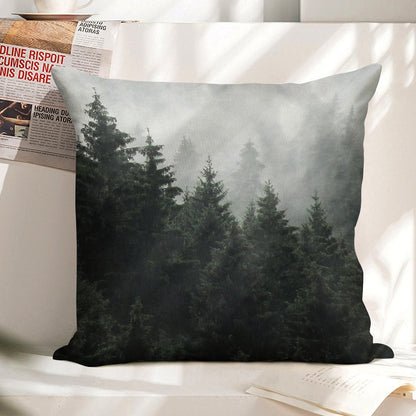 Waiting For  Misty Foggy Fairytale Forest With Cascadia Trees Covered In Magic Fog Linen Throw Pillow Cover