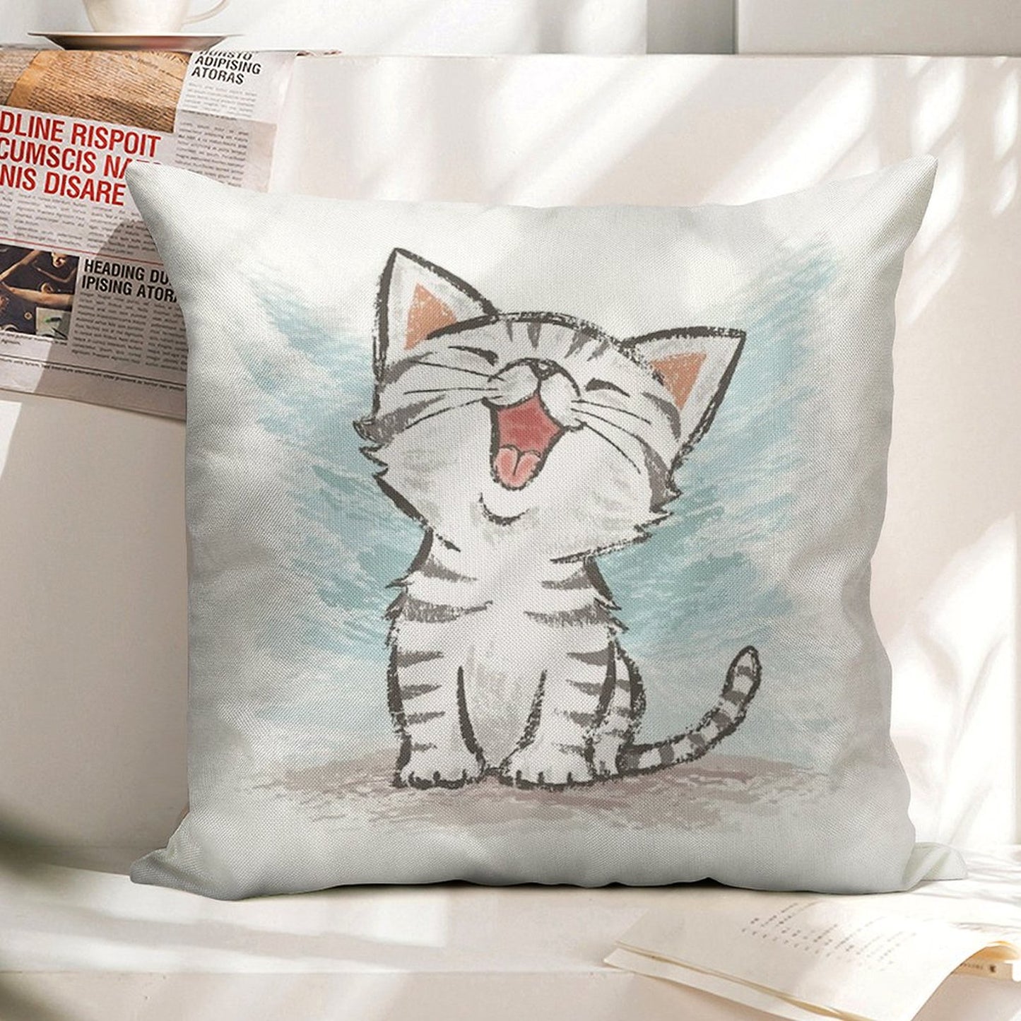 American Shorthair Happy Linen Throw Pillow Cover
