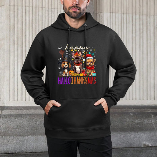 Happy HalloThanksMas Dogs Halloween Thanksgiving Christmas Adjustable Hood Hoodie