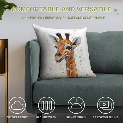 Baby Giraffe Watercolor Painting, Nursery Art Soft Fade-Resistant Throw Pillow