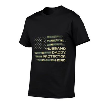 Husband Daddy Protector Hero Fathers Day Camo American Flag T-Shirt