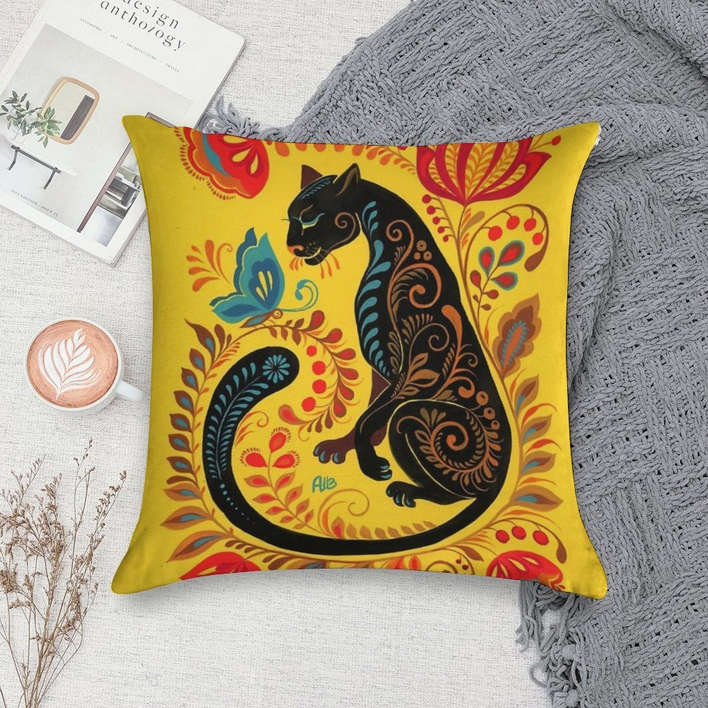 Panther & Butterfly Folk Art Soft Anti-Pilling Throw Pillow