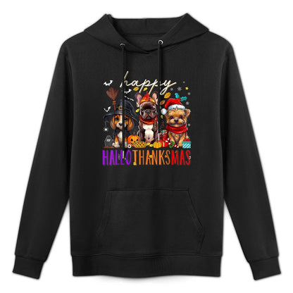 Happy HalloThanksMas Dogs Halloween Thanksgiving Christmas Adjustable Hood Hoodie