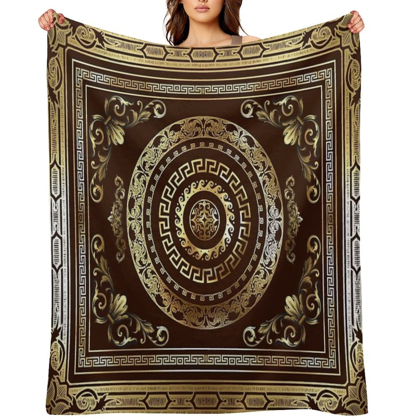 Baroque Gold Maroon Greek Key Vintage Style Throw Blanket