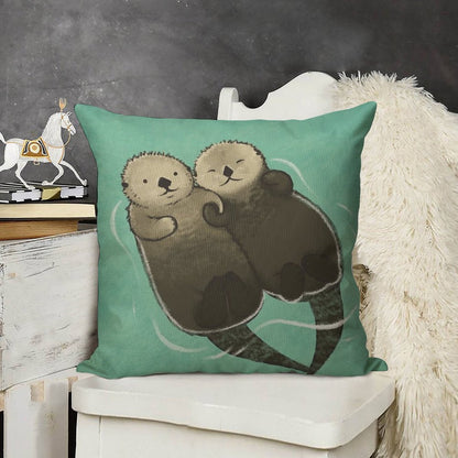 Significant Otters - Otters Holding Hands Linen Throw Pillow Cover