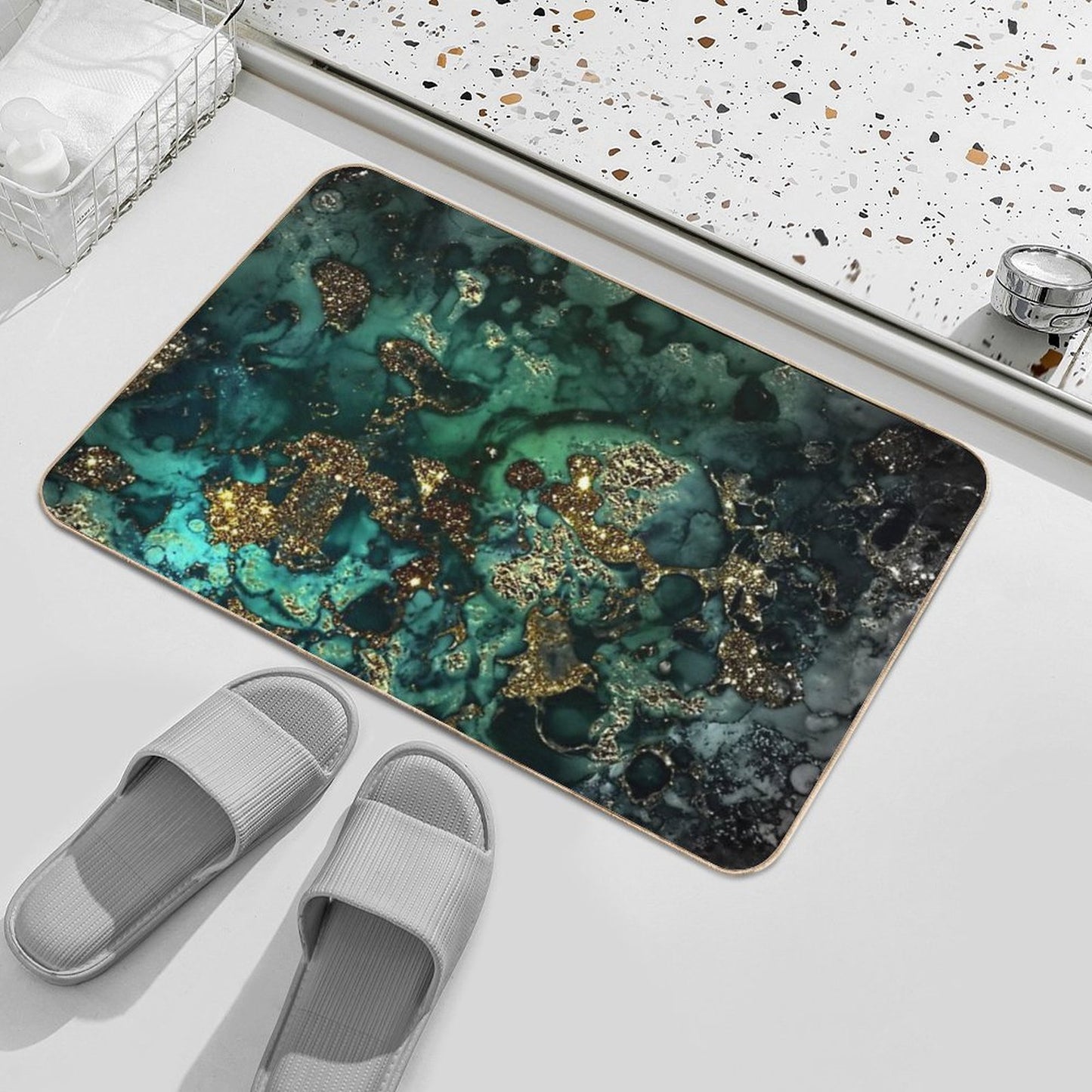 Gold Indigo Faux Malachite Marble Bath Mat