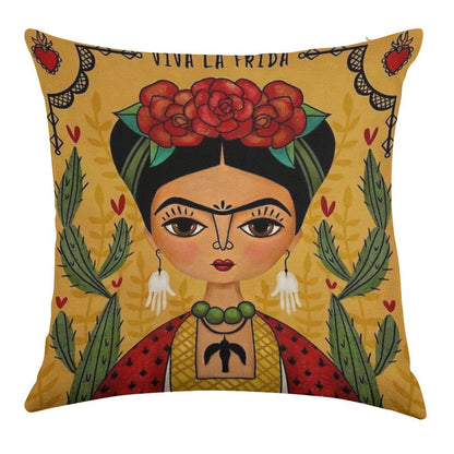 Frida Kahlo Illustration Linen Throw Pillow Cover