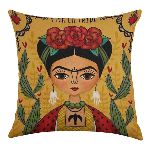 Frida Kahlo Illustration Linen Throw Pillow Cover