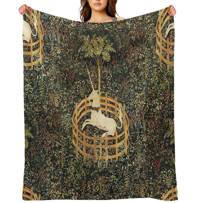 UNICORN IN CAPTIVITY AND GOTHIC FANTASY FLOWERS, GREEN FLORAL MOTIFS Throw Blanket