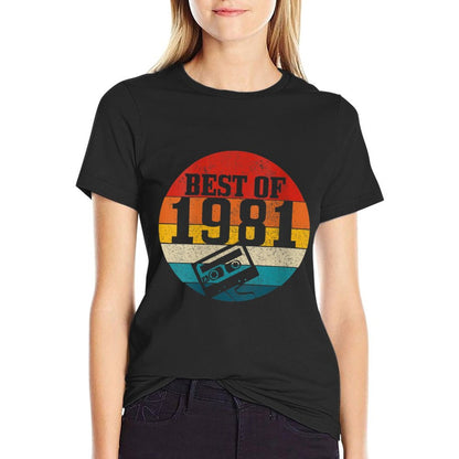 Womens Best Of 1981 40th Birthday Gift Vintage Cassette Tape Funny  Ribbed Collar T-Shirt