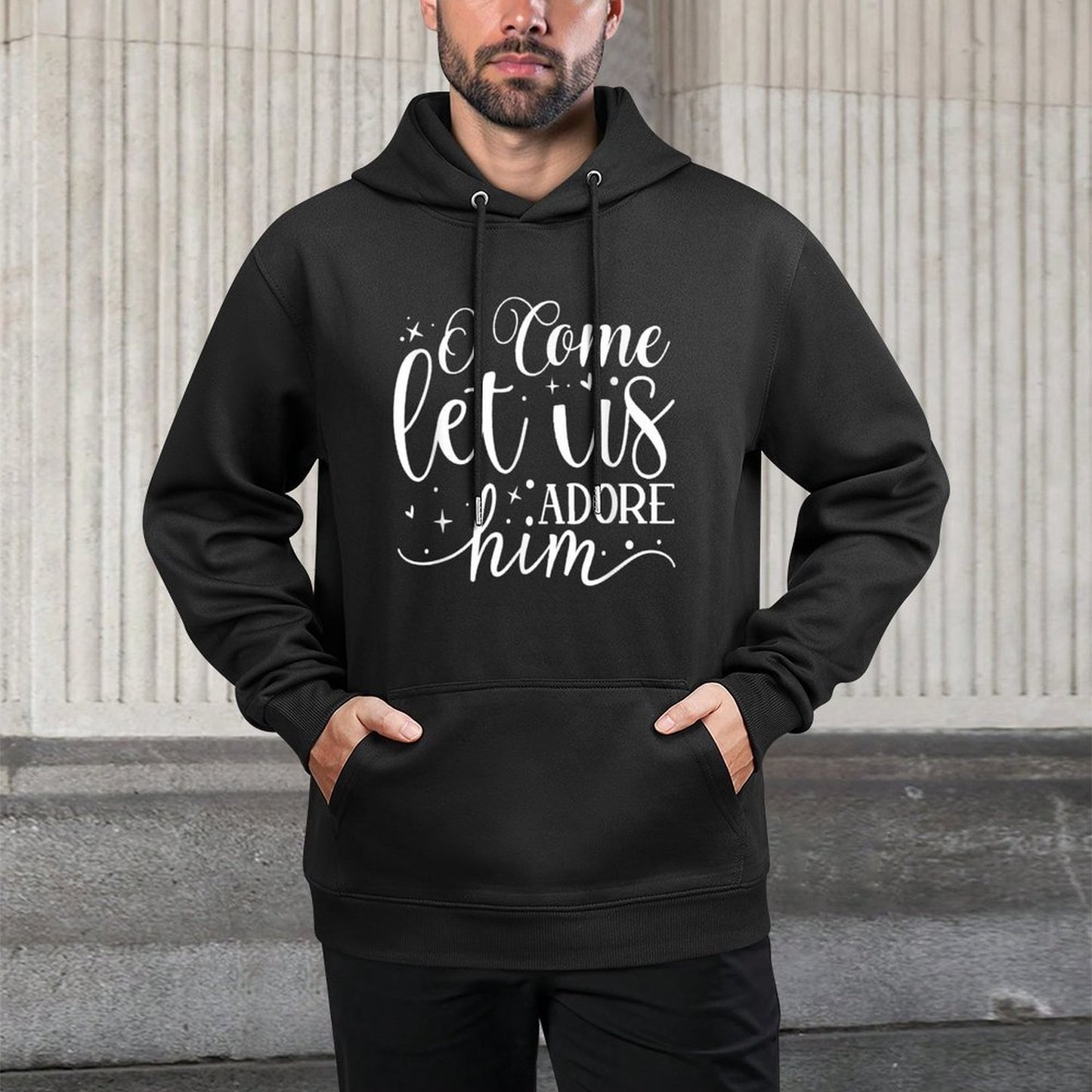 Let Us Adore Him - Christmas Advent Christian Holiday Quote Cotton-Polyester Blend Hoodie