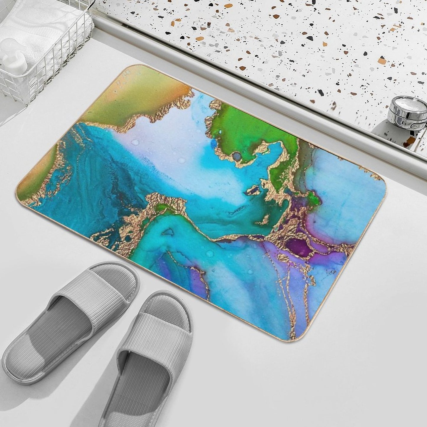 Abstract Faux Marble Mermaid Gemstone With Gold Glitter  Long-Lasting Bath Mat