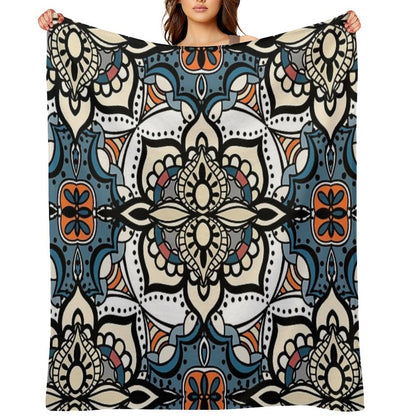 Abstract Renaissance Geometrical Flowers,  Mosaic Floral Fantasy Pattern Throw Blanket